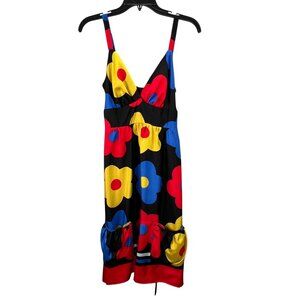 Voom by Joy Han Silk Dress Black Floral M Empire Waist Babydoll Bright Pockets